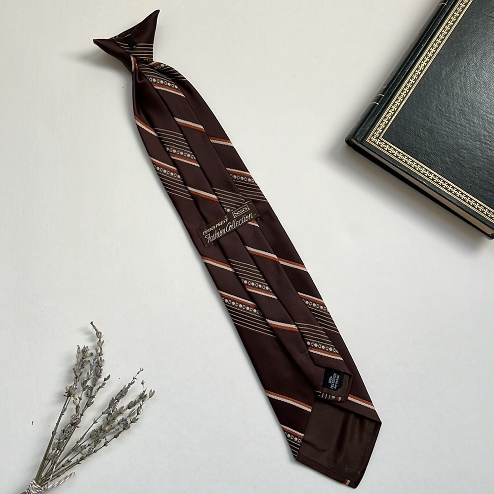 Vintage 70s Sears Clip-On Tie Brown Tan & Orange Stripe Necktie - Picture 2 of 10